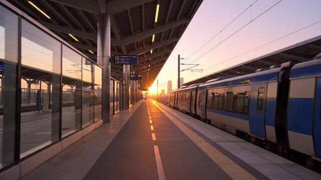 Train waiting at the station platform during sunrise with clear sky and modern architecture
