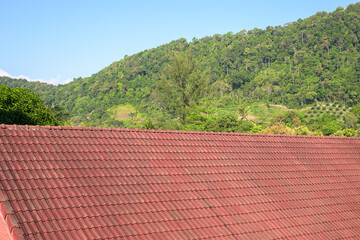 Red Tile Roof with Green Hills and Blue Sky Background