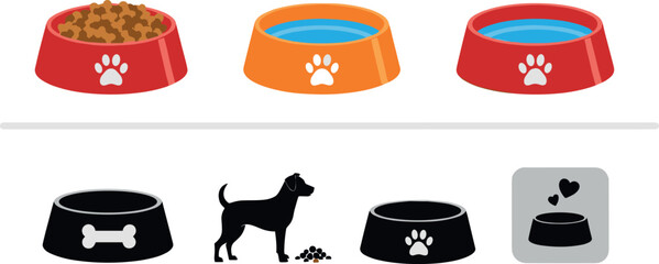 Vector illustration set of pet feeding icons featuring colored food and water bowls silhouettes and dog feeding graphics © Tofajjol