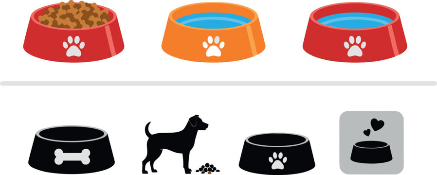 Vector illustration set of pet feeding icons featuring colored food and water bowls silhouettes and dog feeding graphics