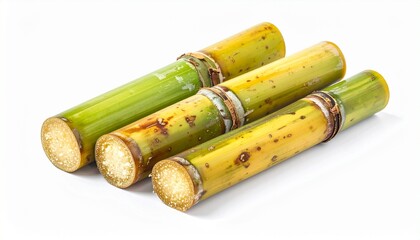 Minimal studio close-up of a sugarcane stalk with visible nodes and green leaves, clean white background, natural texture, sharp focus, botanical detail, simple agricultural presentation.
