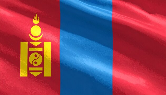 Oil-paint textured illustration of the Mongolia flag, red and blue vertical bands with golden Soyombo symbol, flowing fabric motion, bold contrast, expressive brush strokes, dramatic lighting.