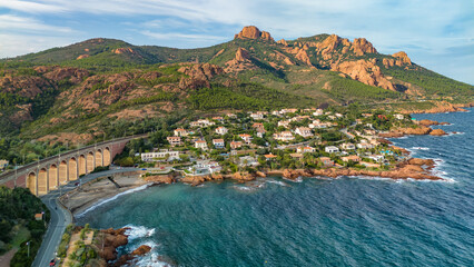 Aerial view of the village of Antheor with its historic railway bridge on French Riviera