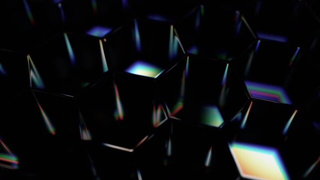 Abstract futuristic background design with iridescent glass hexagons, 4k seamless loop 3d animation