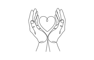 Fototapeta premium Hands holding heart continuous one line art drawing.