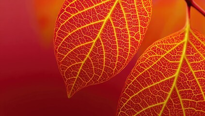 Obraz premium Close-up of two vibrant, fiery red leaves with bright yellow veins against a blurred background