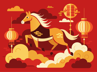 Chinese Zodiac Year of the Horse Illustration with Red Lanterns and Auspicious Clouds