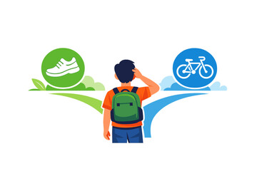 Person choosing between walking and cycling with icons representing each option