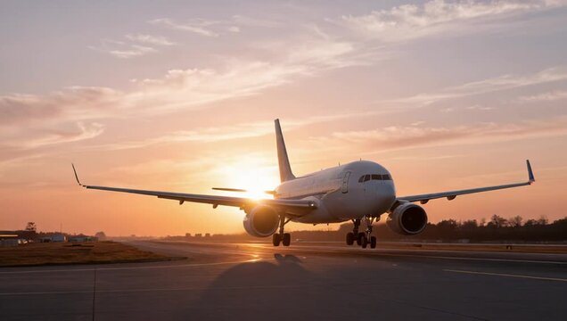 airplane taking airport runway sunset sky background filled clouds left side image