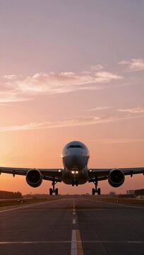 airplane taking airport runway sunset trees buildings background clouds sky