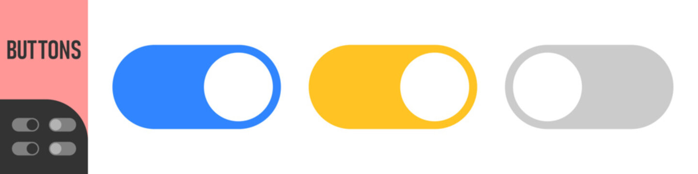 Toggle switch buttons, on and off states in orange, blue, grey, black, green and red for UI interface controls	