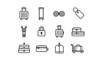 Rolling Luggage Icons. Rolling Luggage. Line outline icon set of rolling luggage: rolling suitcase, trolley © GRACE