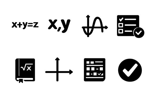 Algebra Icon Set. Algebra. Filled icon set of Algebra: algebraic equation, variable symbols, polynomial graph,