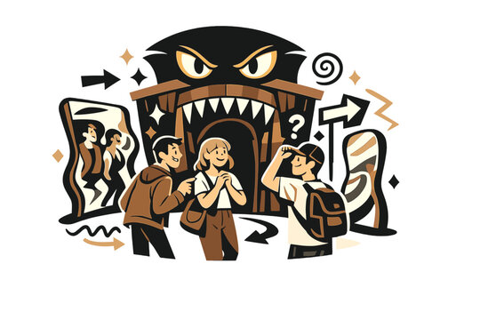  Creepy funhouse entrance. Distorted mirrors, glowing eyes above the door, visitors