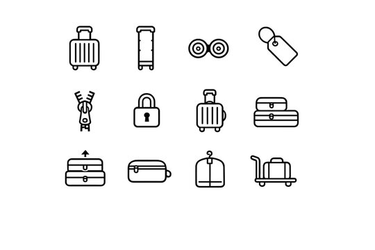 Rolling Luggage Icons. Rolling Luggage. Line outline icon set of rolling luggage: rolling suitcase, trolley
