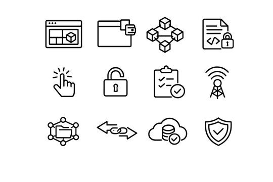 Decentralized App Icons. Decentralized Applications. Line outline icon set of decentralized applications: dApp
