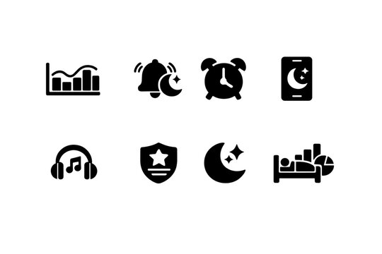  Sleep wellness app. Filled icon set of Sleep wellness app: sleep cycle chart, bedtime