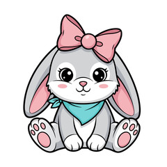 Obraz premium Cute cartoon Easter bunny with pink bow and teal bandana, adorable grey rabbit illustration for kids and holidays