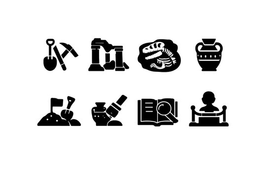 Archaeology Icon Set. Archaeology. Filled icon set of Archaeology: excavation tools, ancient ruins, fossil