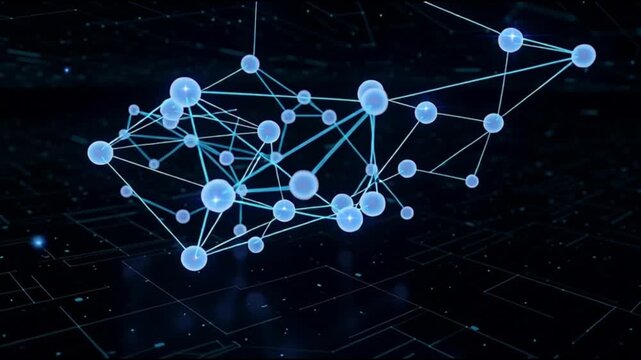 Network of interconnected nodes and lines on a dark grid background, viewed from a digital landscape perspective.