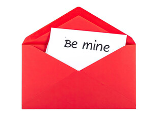 Open red envelope revealing a card inscribed with "Be mine," a Valentine's Day message