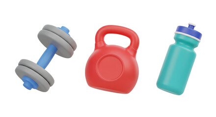 Fototapeta premium 3D icon set for fitness and sports: dumbbell, kettlebell, and water bottle, isolated on transparent background