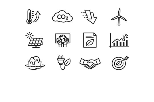 Climate Action Icons. Climate Action. Line outline icon set of climate action: global warming thermometer, CO2