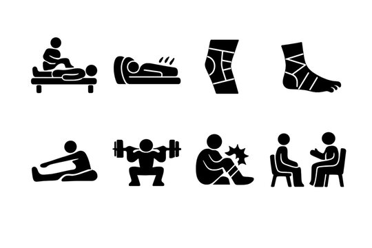 Sports Physiotherapy Icons. Sports Physiotherapy. Filled icon set of Sports Physiotherapy: athlete