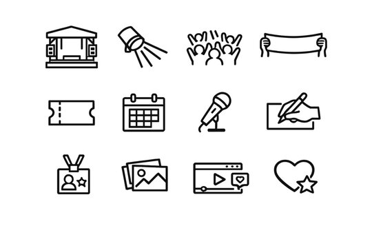 Fan Event Icons. Fan Events. Line outline icon set of fan events: stage icon, spotlight, concert crowd, fan