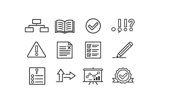  Grammar Practice. Line outline icon set of grammar practice: sentence structure blocks,