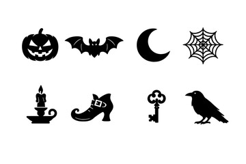 Obraz premium Vintage Halloween symbols. Filled icon set of Vintage Halloween symbols: pumpkin head, bat
