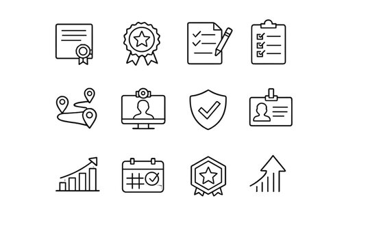  Certification Programs. Line outline icon set of certification programs: certificate