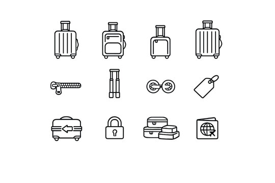 Luggage Icon Set. Suitcases. Line outline icon set of suitcases: hard shell suitcase, soft shell suitcase,