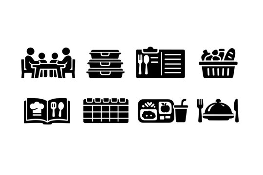 Family Meal Icons. Family Meal Planning. Filled icon set of Family Meal Planning: family at table, meal prep