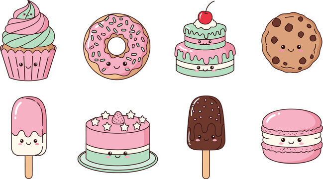 Cute kawaii dessert character set with cupcake donut cake cookie macaron and ice cream pastel vector illustration