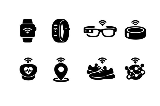  Wearable IoT. Filled icon set of Wearable IoT: smart watch, fitness band, smart glasses,
