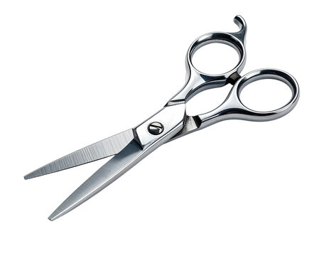 Polished, silver-toned scissors open against black. Blades are sharp and angled for precise cuts
