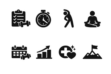 Fitness wellness app. Filled icon set of Fitness wellness app: workout plan, exercise timer,