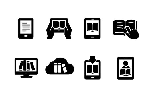 E-Book Icons Collection. E-Books. Filled icon set of E-Books: ebook reader, tablet reading, digital book,