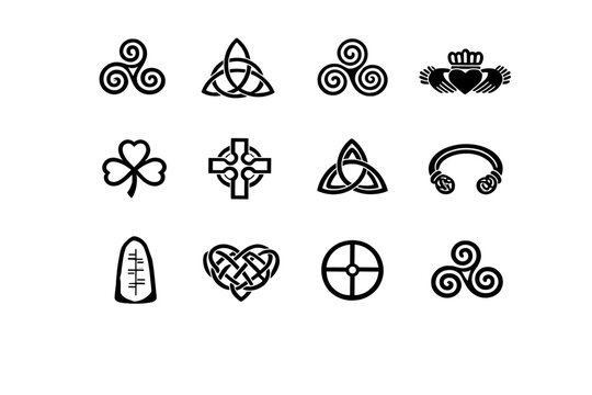  Celtic symbols glowing in mist. Line outline icon set of Celtic symbols glowing in mist: