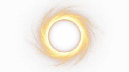 A bright golden circular shape with swirling light emanating outwards from a central white glowing orb on a white field