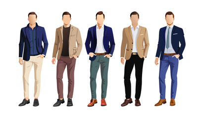 Fototapeta premium Diverse group of men in stylish business casual and formal attire standing together. Three diverse men posed together wearing stylish casual outfits. vector of a young man wearing an office suit.