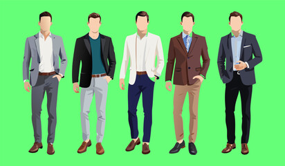 Fototapeta premium Diverse group of men in stylish business casual and formal attire standing together. Three diverse men posed together wearing stylish casual outfits. vector of a young man wearing an office suit.