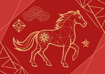 Modern Geometric Golden Horse Illustration for Chinese New Year Zodiac on Red Background
