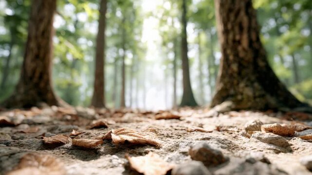 Warm sunlight gently filtering through dense woodland canopy, casting soft illumination across leaf strewn forest ground with scattered rocky terrain
