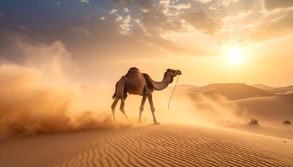 Camel Walking Through Desert Sand Dunes at Sunset.
