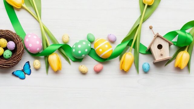 Easter Decorations: Easter themed image with tulips, easter eggs, birdhouse, and butterfly, arranged around green ribbons on a wooden texture background, it will evoke a sense of spring.