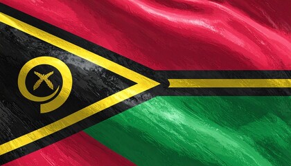 Painterly oil-texture illustration of the Vanuatu flag, flowing fabric motion, bold red green black yellow colors, strong contrast, expressive brush strokes, high detail, dramatic light.