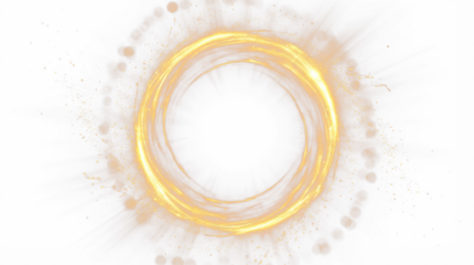 Glowing golden circular shape with multiple rings on a white surface creating a bright and ethereal visual effect