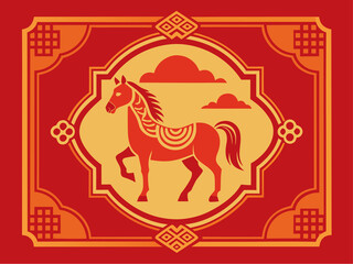 Chinese Zodiac Year of the Horse Illustration in Traditional Red and Gold Frame